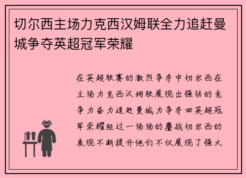 切尔西主场力克西汉姆联全力追赶曼城争夺英超冠军荣耀