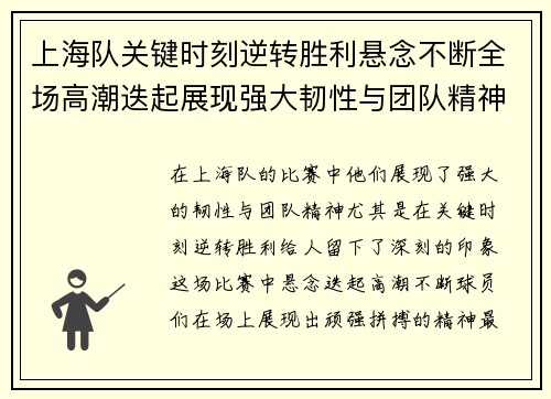 上海队关键时刻逆转胜利悬念不断全场高潮迭起展现强大韧性与团队精神