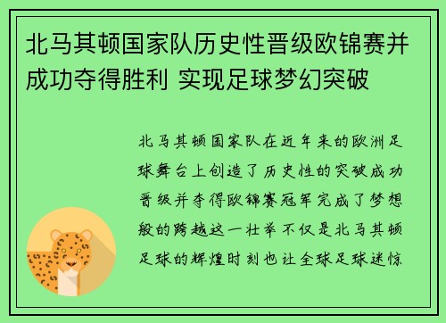 北马其顿国家队历史性晋级欧锦赛并成功夺得胜利 实现足球梦幻突破