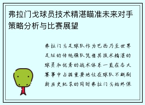 弗拉门戈球员技术精湛瞄准未来对手策略分析与比赛展望