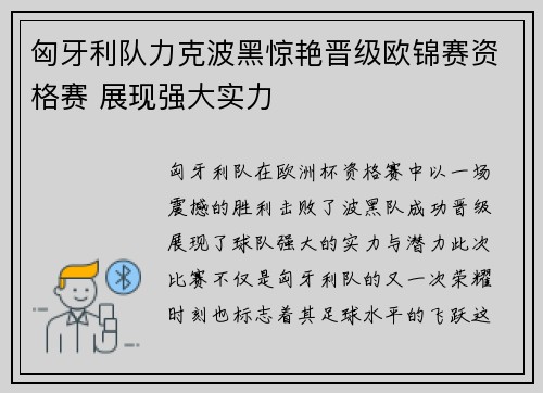 匈牙利队力克波黑惊艳晋级欧锦赛资格赛 展现强大实力