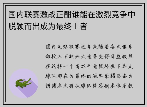 国内联赛激战正酣谁能在激烈竞争中脱颖而出成为最终王者