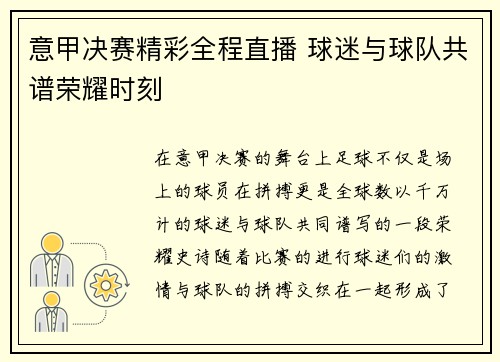 意甲决赛精彩全程直播 球迷与球队共谱荣耀时刻
