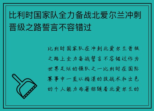 比利时国家队全力备战北爱尔兰冲刺晋级之路誓言不容错过