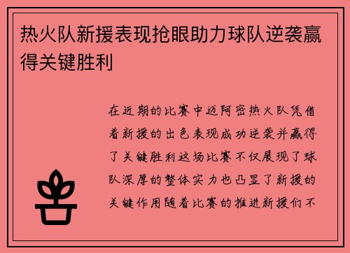热火队新援表现抢眼助力球队逆袭赢得关键胜利