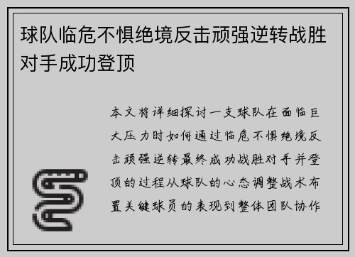 球队临危不惧绝境反击顽强逆转战胜对手成功登顶