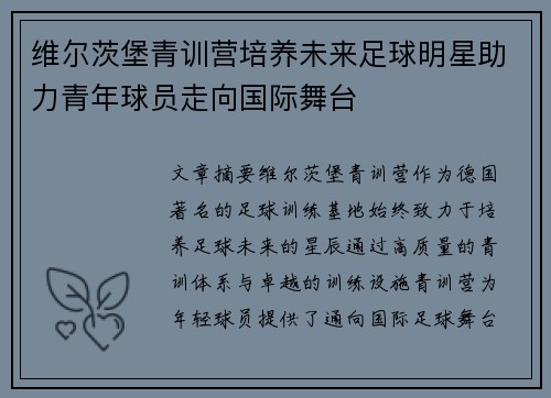 维尔茨堡青训营培养未来足球明星助力青年球员走向国际舞台