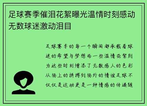足球赛季催泪花絮曝光温情时刻感动无数球迷激动泪目