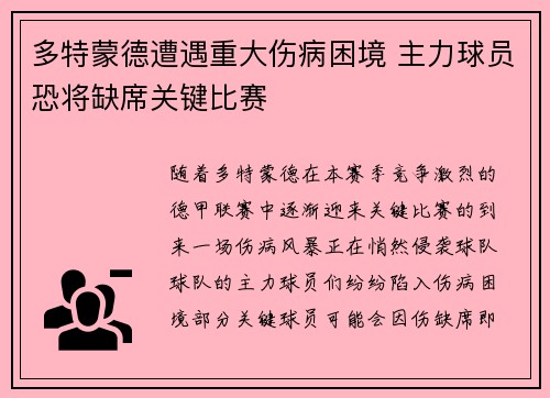 多特蒙德遭遇重大伤病困境 主力球员恐将缺席关键比赛