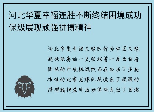 河北华夏幸福连胜不断终结困境成功保级展现顽强拼搏精神