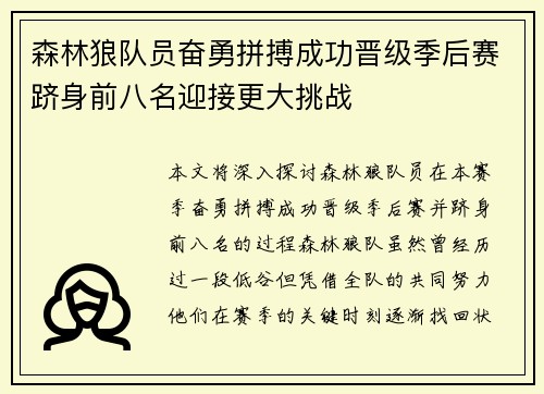 森林狼队员奋勇拼搏成功晋级季后赛跻身前八名迎接更大挑战