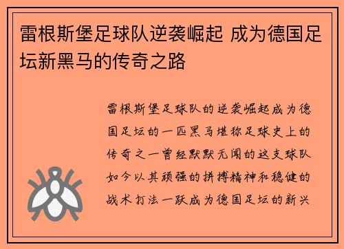 雷根斯堡足球队逆袭崛起 成为德国足坛新黑马的传奇之路